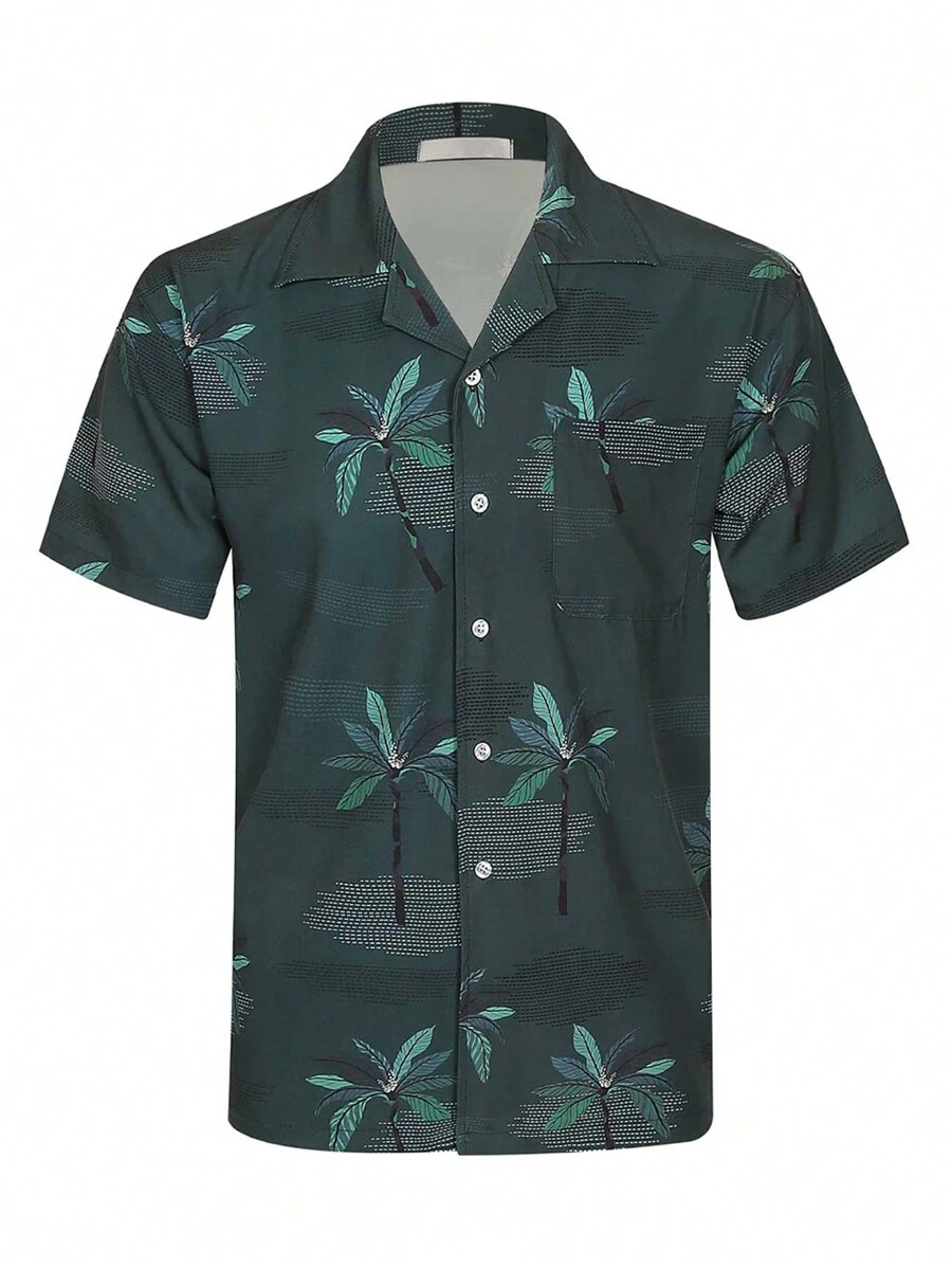 NITAGUT Men Tropical Print Button Up Shirt - Dark Green - View 1