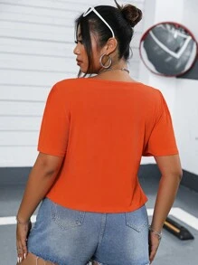 SHEIN ICON 大碼心环相连不對稱下擺T恤 - 橘色 - 查看 3