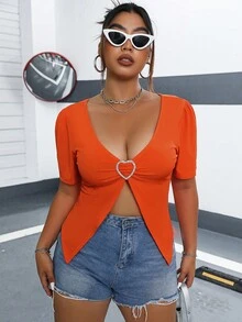 SHEIN ICON 大碼心环相连不對稱下擺T恤 - 橘色 - 查看 7