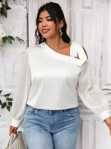 SHEIN Clasi 大碼不對稱領肩部打結圓點袖襯衫 - 白色 - 查看 1