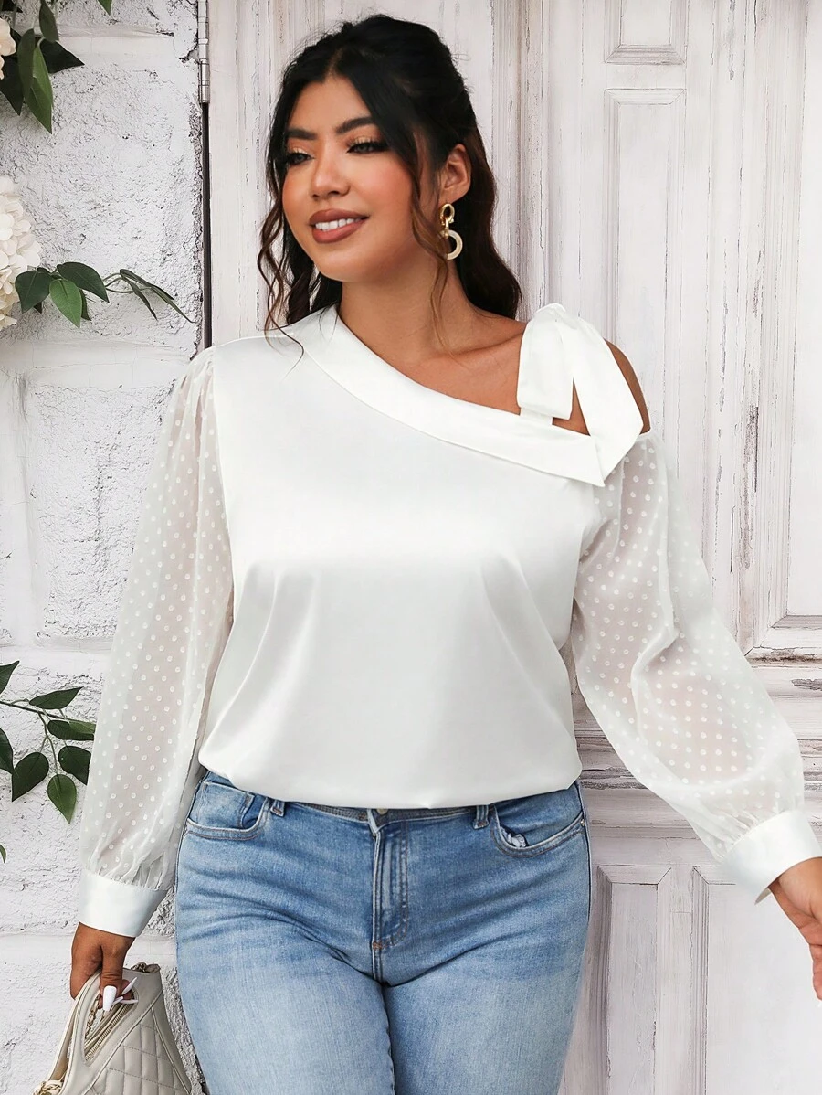 SHEIN Clasi 大碼不對稱領肩部打結圓點袖襯衫 - 白色 - 查看 1