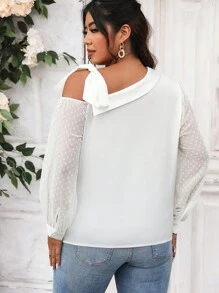 SHEIN Clasi 大碼不對稱領肩部打結圓點袖襯衫 - 白色 - 查看 2