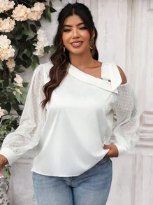 SHEIN Clasi 大碼不對稱領肩部打結圓點袖襯衫 - 白色 - 查看 3