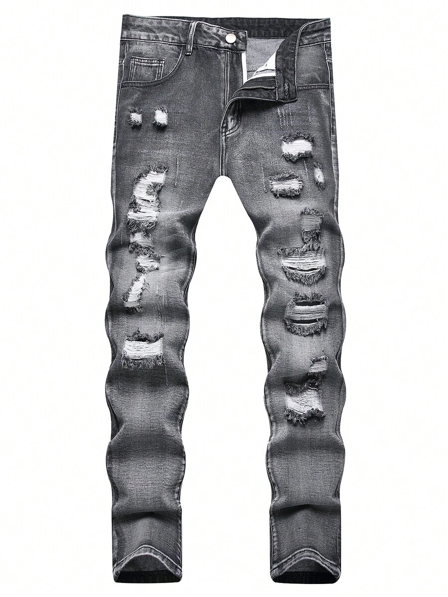 Nam Rách Frayed Rửa thuốc tẩy Quần jean - Màu xám đen - Xem 1