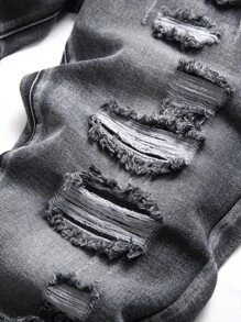 Nam Rách Frayed Rửa thuốc tẩy Quần jean - Màu xám đen - Xem 4