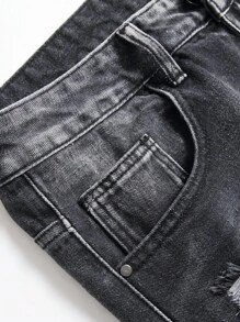 Nam Rách Frayed Rửa thuốc tẩy Quần jean - Màu xám đen - Xem 5