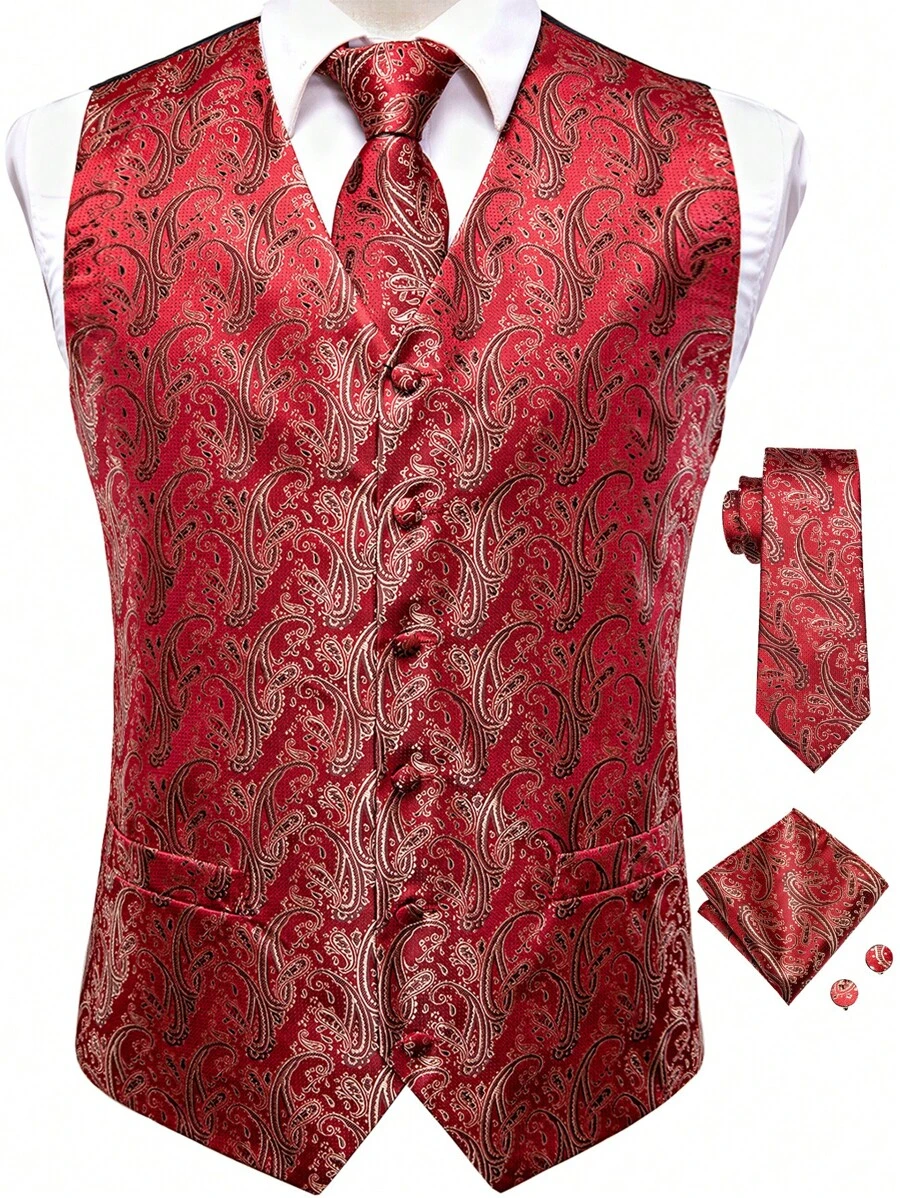 Áo cộc tay Nam Bất đối xứng Lộ Lưng Paisley Buổi tiệc - Đỏ - Xem 1