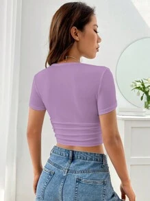 SHEIN EZwear 素色褶邊短款T恤 - 紫色 - 查看 2