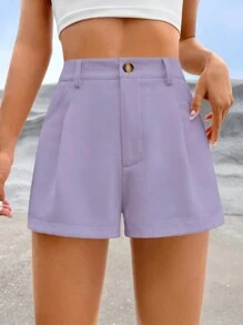 SHEIN EZwear High Waist Fold Pleated Shorts - Mauve Purple - View 3