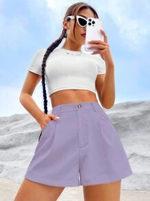 SHEIN EZwear High Waist Fold Pleated Shorts - Mauve Purple - View 5