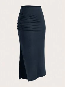 SHEIN EZwear Váy nữ Xù Tách cao màu trơn Thanh lịch - Màu xanh hải quân - Xem 1