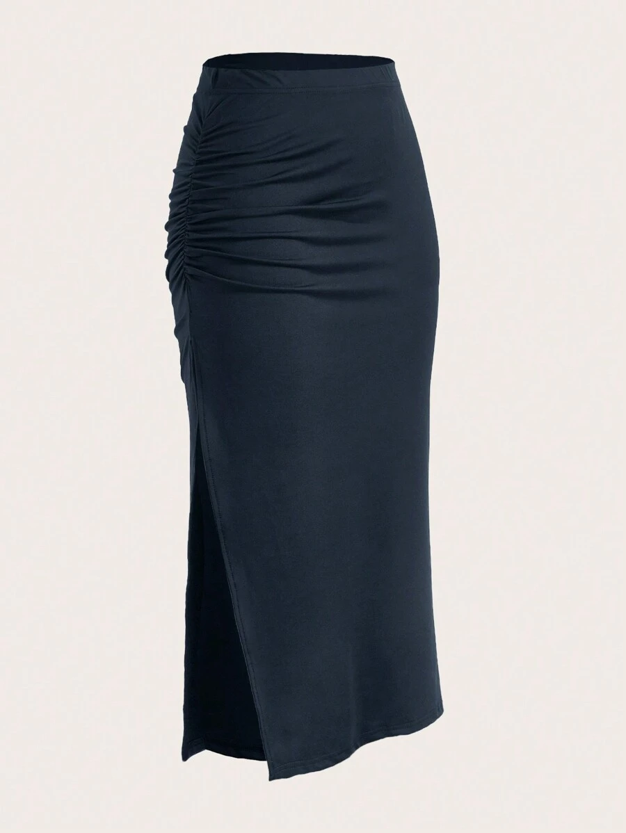 SHEIN EZwear Váy nữ Xù Tách cao màu trơn Thanh lịch - Màu xanh hải quân - Xem 1