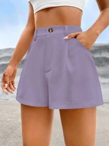 SHEIN EZwear High Waist Fold Pleated Shorts - Mauve Purple - View 6