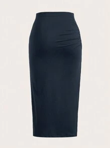 SHEIN EZwear Váy nữ Xù Tách cao màu trơn Thanh lịch - Màu xanh hải quân - Xem 2