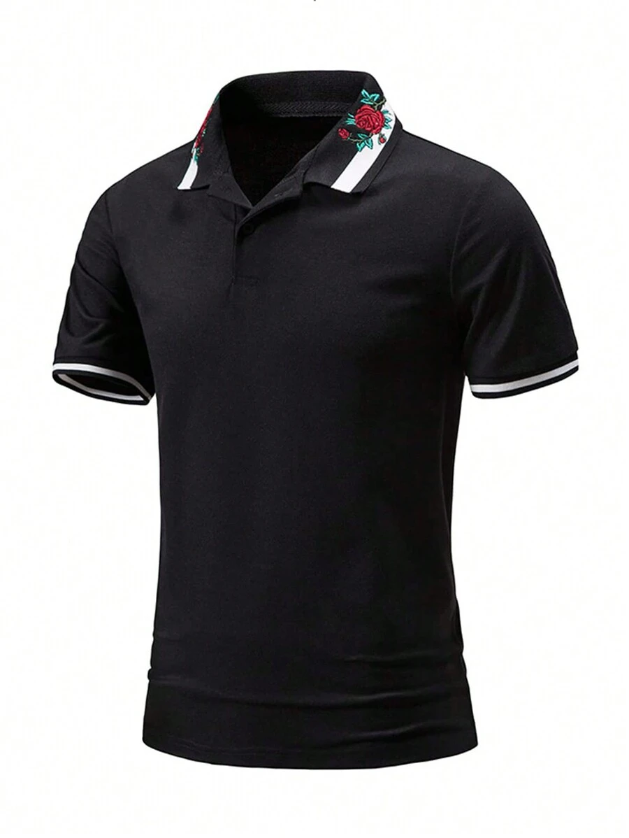 Áo thun có cổ Nam Tương phản ren Thêu Nút phía trước Khối Màu Hoa Giải trí - màu đen - Xem 1