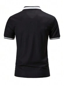 Áo thun có cổ Nam Tương phản ren Thêu Nút phía trước Khối Màu Hoa Giải trí - màu đen - Xem 2