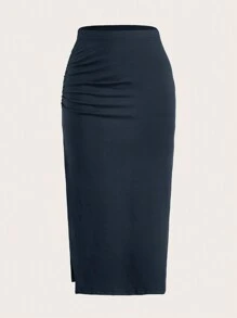 SHEIN EZwear Váy nữ Xù Tách cao màu trơn Thanh lịch - Màu xanh hải quân - Xem 5