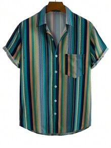 Men Striped Button Up Shirt - Multicolor - View 3