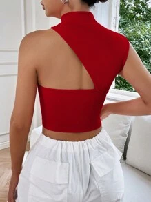 Muchica 素色鏤空不對稱領短款上衣 - 紅色 - 查看 2