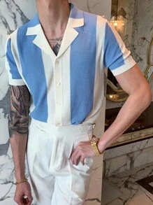 男士兩色拼接翻領針織鉤針上衣 - 藍白色 - 查看 4