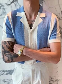 男士兩色拼接翻領針織鉤針上衣 - 藍白色 - 查看 5