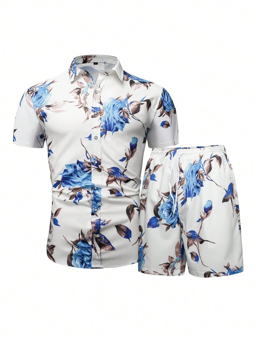 Nam In hoa Áo sơ mi & Eo dây rút Quần short - trắng - Xem 1