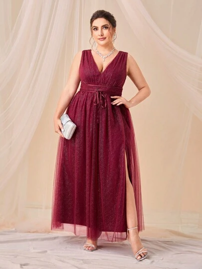 SHEIN Belle 大碼深V領高衩前繫帶網紗連衣裙