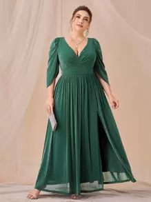 SHEIN Belle Hơn Cổ Lao Ống tay áo Tách đùi Long lanh Ăn mặc trang trọng - Màu xanh lá cây đậm - Xem 1