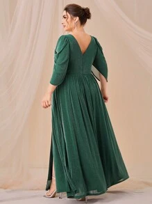 SHEIN Belle Hơn Cổ Lao Ống tay áo Tách đùi Long lanh Ăn mặc trang trọng - Màu xanh lá cây đậm - Xem 2