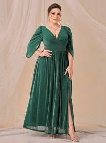 SHEIN Belle Hơn Cổ Lao Ống tay áo Tách đùi Long lanh Ăn mặc trang trọng - Màu xanh lá cây đậm - Xem 4