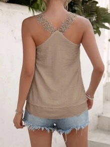 SHEIN LUNE 拼接水溶蕾絲寬肩帶上衣 - 杏色 - 查看 2