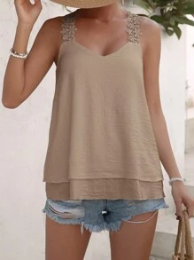 SHEIN LUNE 拼接水溶蕾絲寬肩帶上衣 - 杏色 - 查看 4