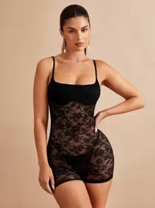 SHEIN BAE Floral Lace Unitard Romper Without Lingerie Set - Black - View 2