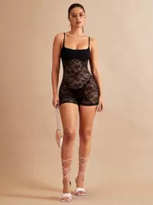 SHEIN BAE Floral Lace Unitard Romper Without Lingerie Set - Black - View 4