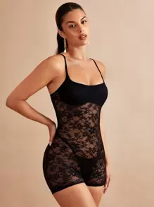 SHEIN BAE Floral Lace Unitard Romper Without Lingerie Set - Black - View 6