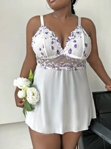 大碼花卉刺繡網紗吊帶睡裙 - 白色 - 查看 6