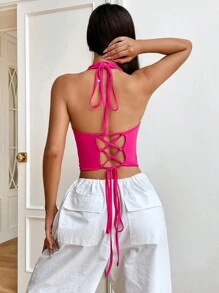 SHEIN EZwear 素色露背掛脖上衣 - 粉色 - 查看 2