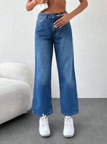 EURMUSE Solid Straight Leg Jeans - Medium Wash - View 1