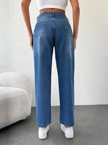 EURMUSE Solid Straight Leg Jeans - Medium Wash - View 2