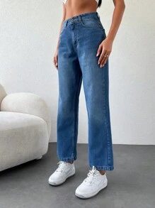 EURMUSE Solid Straight Leg Jeans - Medium Wash - View 4