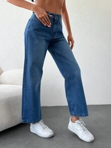 EURMUSE Solid Straight Leg Jeans - Medium Wash - View 5