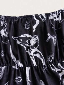 ROMWE Goth 蛇印花胸部褶皺肩上打結吊帶上衣 - 黑色 - 查看 3