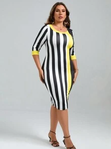 SHEIN Clasi Đầm Plus Size Khối Màu Sọc Giải trí - Nhiều màu - Xem 3