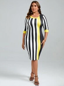 SHEIN Clasi Đầm Plus Size Khối Màu Sọc Giải trí - Nhiều màu - Xem 4