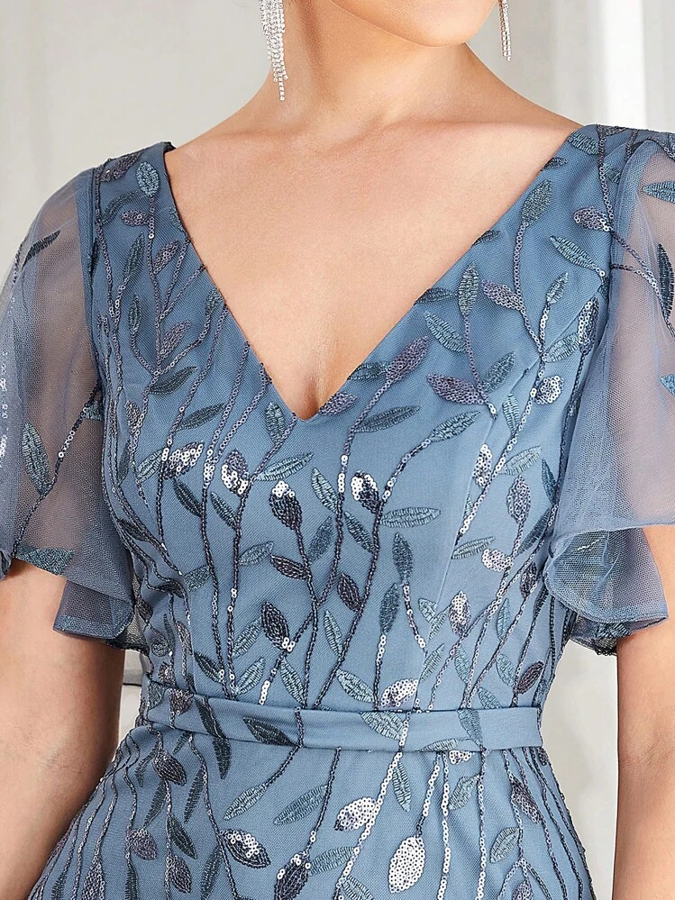 Elegant V-Neck Butterfly Sleeve Floral Sequin Mesh Mermaid Style Light Blue Formal Evening Gown, Suitable For Formal Occasions Such As Galas, Spring/Summer Wedding Guests, Graduation Ceremonies And Other Formal Events Party - Dusty Blue - View 4