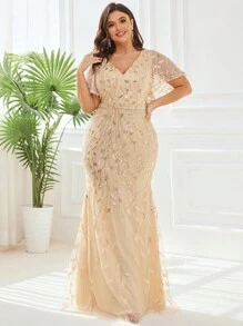 EVERPRETTY Đầm dạ hội lưới đính sequin cỡ lớn, đầm dạ hội màu vàng sang trọng, trang trọng dành cho tiệc chiêu đãi, đám cưới, lễ tốt nghiệp, tiệc tùng và các dịp khác. - Màu be - Xem 7