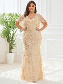 EVERPRETTY Đầm dạ hội lưới đính sequin cỡ lớn, đầm dạ hội màu vàng sang trọng, trang trọng dành cho tiệc chiêu đãi, đám cưới, lễ tốt nghiệp, tiệc tùng và các dịp khác. - Màu be - Xem 5