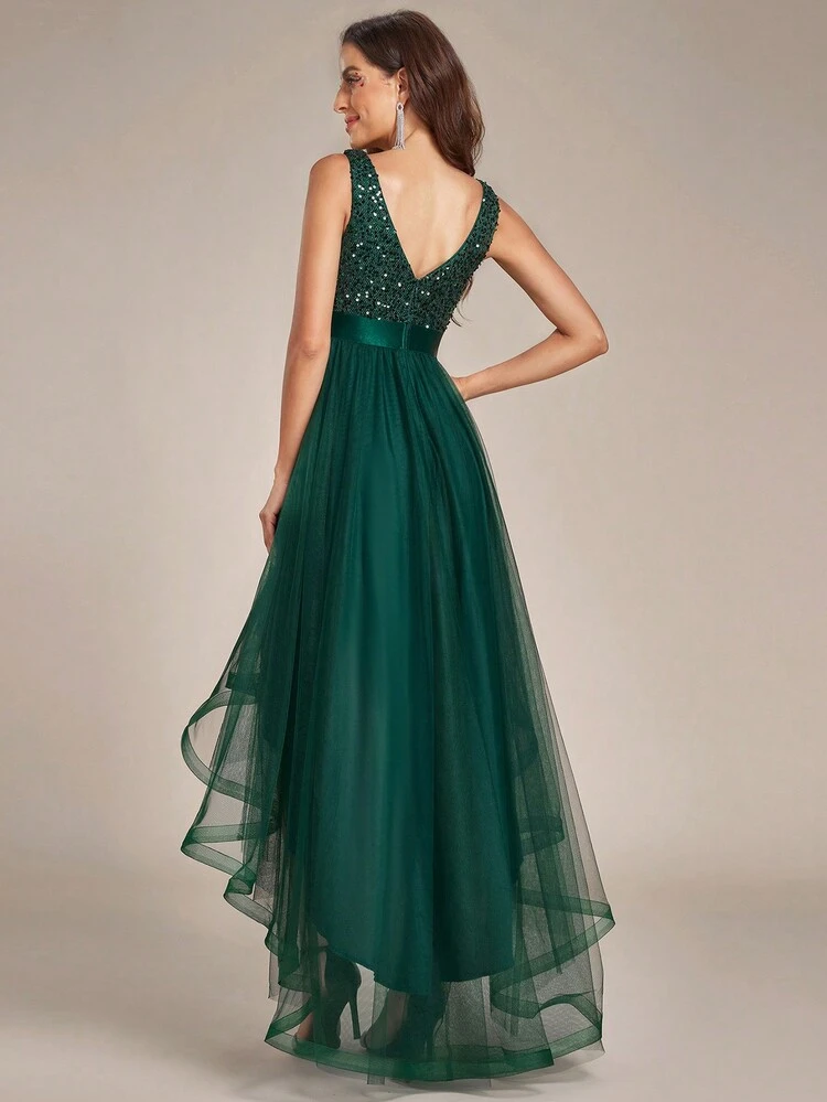 Sexy Winter V-Neck Sequin Sleeveless High-Low Tulle Contrast Dark Green Ball Gown Dress For Party Christmas New Year Wedding Elegant Spring