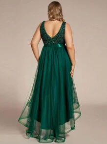Plus Contrast Sequin High Low Hem Chiffon Bridesmaid Dress - Dark Green - View 2