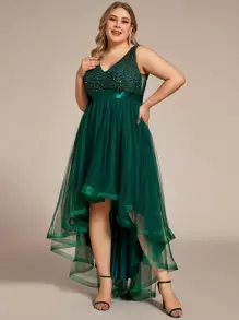 Plus Contrast Sequin High Low Hem Chiffon Bridesmaid Dress - Dark Green - View 3